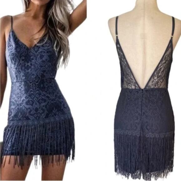 NWT Two Sisters The Label SHIMMY Mini DRESS STEEL BLUE Tassel Hem V Neck US 2 XS - Picture 1 of 8